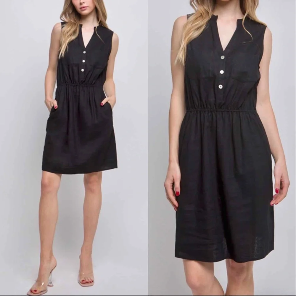 LINEN BLEND SLEEVELESS V NECK DRESS WITH POCKETS - BLACK - Picture 1 of 4